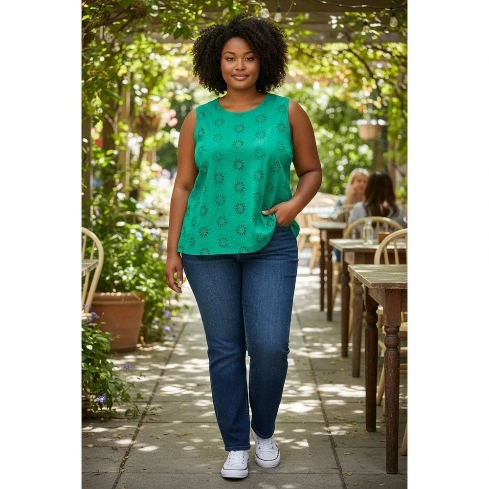 J.CREW Women's Plus 3X Green Floral Eyelet Sleeveless Tank Top